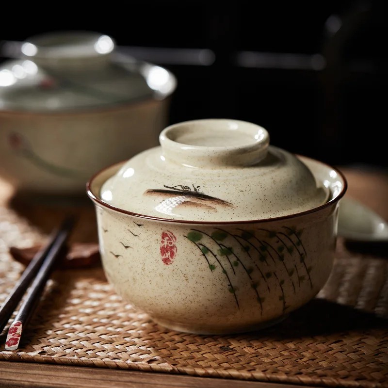 Keramická miska s víkem v japonském stylu 750 ml keramika béžová s motivem větviček pro servírování polévek a rýže 2